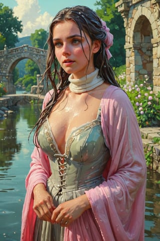 feforrest, otoko no ko, beret, pink capelet,(Analog style),turtleneck, masterpiece, best quality, ((wet robe)), choker,(corset), stone bridge, lake,crown, white ((wet ornate ballgown)), windswept amazing wet long hair,4k,( bokeh),absurdres, professional majestic oil painting by Ed Blinkey, Atey Ghailan, Studio Ghibli, by Jeremy Mann, Greg Manchess, Antonio Moro, trending on ArtStation, trending on CGSociety, trending on deviantart, Intricate, High Detail, Sharp focus, dramatic, photorealistic painting art , Greg Rutkowski,(concept art from tangled),((beautiful faces, soakingwetclothes, wet clothes, wet hair, wet skin, :1.3)),soakingwetclothes,, wet skin, wet face, wet robe,, face focused
,soakingwetclothes,art_booster,indian,OnlySaree_Style,saree,saree influencer