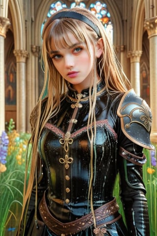 masterpiece, official art, ((ultra detailed)), (ultra quality), high quality, perfect face, 1 girl with long hair, blond-green hair with bangs, bronze eyes, detailed face, wearing a fancy ornate (((folk dress))), shoulder armor, armor, glove, hairband, hair accessories, striped, (wet clothes, wet hair, wet skin, holding the great weapon:1.37), jewelery, thighhighs, pauldrons, side slit, capelet, vertical stripes, looking at viewer, fantastical and ethereal scenery, daytime, church, grass, flowers. Intricate details, extremely detailed, incredible details, full colored, complex details, hyper maximalist, detailed decoration, detailed lines, best quality, HDR, dynamic lighting, perfect anatomy, realistic, more detail,
,Architectural100,style,soakingwetclothes