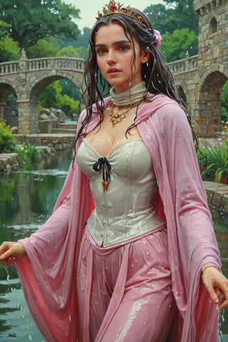 feforrest, otoko no ko, beret, pink capelet,(Analog style),turtleneck, masterpiece, best quality, ((wet robe)), choker,(corset), stone bridge, lake,crown, white ((wet ornate ballgown)), windswept amazing wet long hair,4k,( bokeh),absurdres, professional majestic oil painting by Ed Blinkey, Atey Ghailan, Studio Ghibli, by Jeremy Mann, Greg Manchess, Antonio Moro, trending on ArtStation, trending on CGSociety, trending on deviantart, Intricate, High Detail, Sharp focus, dramatic, photorealistic painting art , Greg Rutkowski,(concept art from tangled),((beautiful faces, soakingwetclothes, wet clothes, wet hair, wet skin, :1.3)),soakingwetclothes,, wet skin, wet face, wet robe,, face focused
,soakingwetclothes,art_booster,indian,OnlySaree_Style,saree,saree influencer