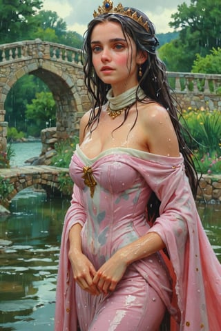 feforrest, otoko no ko, beret, pink capelet,(Analog style),turtleneck, masterpiece, best quality, ((wet robe)), choker,(corset), stone bridge, lake,crown, white ((wet ornate ballgown)), windswept amazing wet long hair,4k,( bokeh),absurdres, professional majestic oil painting by Ed Blinkey, Atey Ghailan, Studio Ghibli, by Jeremy Mann, Greg Manchess, Antonio Moro, trending on ArtStation, trending on CGSociety, trending on deviantart, Intricate, High Detail, Sharp focus, dramatic, photorealistic painting art , Greg Rutkowski,(concept art from tangled),((beautiful faces, soakingwetclothes, wet clothes, wet hair, wet skin, :1.3)),soakingwetclothes,, wet skin, wet face, wet robe,, face focused
,soakingwetclothes,art_booster,indian,OnlySaree_Style,saree,saree influencer