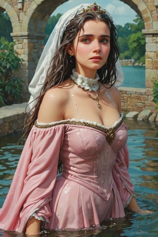 feforrest, otoko no ko, beret, pink capelet,(Analog style),turtleneck, masterpiece, best quality, ((wet robe)), choker,(corset), stone bridge, lake,crown, white ((wet ornate ballgown)), windswept amazing wet long hair,4k,( bokeh),absurdres, professional majestic oil painting by Ed Blinkey, Atey Ghailan, Studio Ghibli, by Jeremy Mann, Greg Manchess, Antonio Moro, trending on ArtStation, trending on CGSociety, trending on deviantart, Intricate, High Detail, Sharp focus, dramatic, photorealistic painting art , Greg Rutkowski,(concept art from tangled),((beautiful faces, soakingwetclothes, wet clothes, wet hair, wet skin, submerged in water,  :1.3)),soakingwetclothes,, wet skin, wet face, wet robe,, face focused
,soakingwetclothes,art_booster,indian,OnlySaree_Style,saree,saree influencer,hoopdress