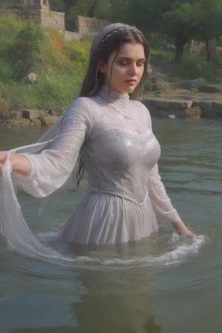 feforrest, otoko no ko, beret, pink capelet,(Analog style),turtleneck, masterpiece, best quality, ((wet robe)), choker,(corset), stone bridge, lake,crown, white ((wet ornate ballgown)), windswept amazing wet long hair,4k,( bokeh),absurdres, professional majestic oil painting by Ed Blinkey, Atey Ghailan, Studio Ghibli, by Jeremy Mann, Greg Manchess, Antonio Moro, trending on ArtStation, wet dark hair, trending on CGSociety, trending on deviantart, Intricate, High Detail, Sharp focus, dramatic, photorealistic painting art , Greg Rutkowski,(concept art from tangled),((beautiful faces, soakingwetclothes, wet clothes, wet hair, wet skin, submerged in water,  bathing in water:1.3)),soakingwetclothes,, wet skin, wet face, wet robe,, face focused
,soakingwetclothes,art_booster,indian,OnlySaree_Style,saree,saree influencer,hoopdress