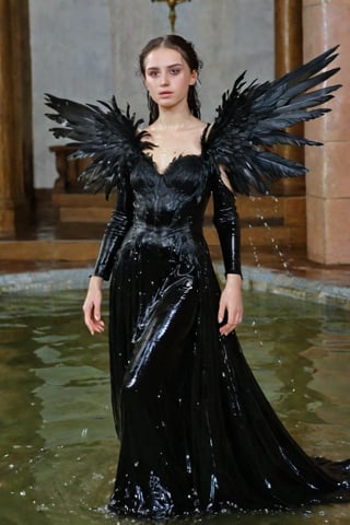 A girl wearing a long black wedding dress, church, baroque style, detailed feathers, huge wings, big scene, super realistic, soakingwetclothes, wet clothes, wet hair, wet skin, wet, soaked , wet face.face focused