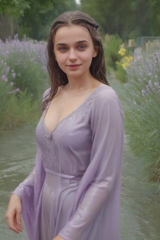 romantic photography upper body shot of a smugly smiling young girl, indigo in a lush lavender graveyard with flowers and birds, 3d render, cgi, symmetrical, octane render, 35mm, bokeh, (intricate details:1.2), hdr, (intricate details, hyperdetailed:1.15), (natural skin texture, hyperrealism, soft light, sharp:1.3), detailed iris,   wet hair, (bathing in water), ((wet clothes, victorian ballgown, ,((heavy rain, beautiful faces, soakingwetclothes, wet clothes, wet hair, wet skin, :1.3)),soakingwetclothes,, wet skin, wet face, wet robe,, face focused , soakingwetclothes,art_booster,indian,OnlySaree_Style,,hoopdress