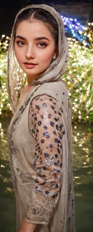 (best quality,8K,highres,masterpiece,raw image), ultra-detailed, featuring a beautiful young wet woman adorned in a realistic detailed wet long embroidery designer  dress shirts shawl that emits a soft, ethereal light. Her flowy black chignon wet hair appears to be infused with the same radiant wet glow. eye contact,kind wet smile, lipgloss, The well lit backdrop consists of glowing grapes, in water, colorful,colorful,soakingwetclothes,Pakistani dress