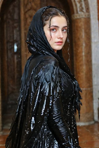 A girl wearing a long black wedding dress, church, baroque style, detailed feathers, huge wings, big scene, super realistic, wet shawl, pakistani dress, soakingwetclothes, wet clothes, wet hair, wet skin, wet, soaked , wet face.face focused