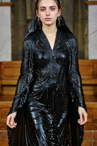 A girl wearing a long black wedding dress, church, baroque style, detailed feathers,s, big scene, super realistic, wet shawl, pakistani dress, soakingwetclothes, wet clothes, wet hair, wet skin, wet, soaked , wet face.face focused