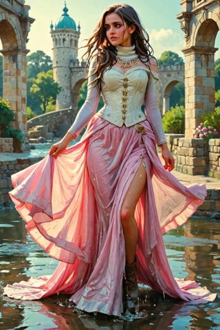 feforrest, otoko no ko, beret, pink capelet,(Analog style),turtleneck, masterpiece, best quality, ((robe)), choker,(corset), stone bridge, lake,crown, white ((ornate ballgown)), windswept amazing long hair,4k,( bokeh),absurdres, professional majestic oil painting by Ed Blinkey, Atey Ghailan, Studio Ghibli, by Jeremy Mann, Greg Manchess, Antonio Moro, trending on ArtStation, trending on CGSociety, trending on deviantart, Intricate, High Detail, Sharp focus, dramatic, photorealistic painting art , Greg Rutkowski,(concept art from tangled),((beautiful faces, soakingwetclothes, wet clothes, wet hair, wet skin, :1.3)),soakingwetclothes,, wet skin, wet face, wet ballgown, boots, wet robe, layered longskirt, face focused
,soakingwetclothes,art_booster,indian,OnlySaree_Style,saree,saree influencer