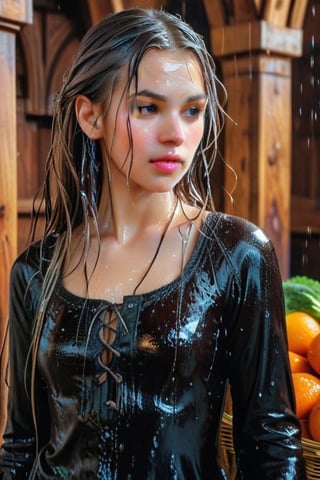 masterpiece, official art, ((ultra detailed)), (ultra quality), high quality, perfect face, A medieval girl in traditional dress, vegetables and fruits, at a farmer's market, mysterious medieval, masterpiece,High detailed,CrclWc,Detail,Half-timbered Construction,INK art,, (wet clothes, wet hair, wet skin,:1.37),. Intricate details, extremely detailed, incredible details, full colored, complex details, hyper maximalist, detailed decoration, detailed lines, best quality, HDR, dynamic lighting, perfect anatomy, realistic, more detail,
,Architectural100,style,soakingwetclothes