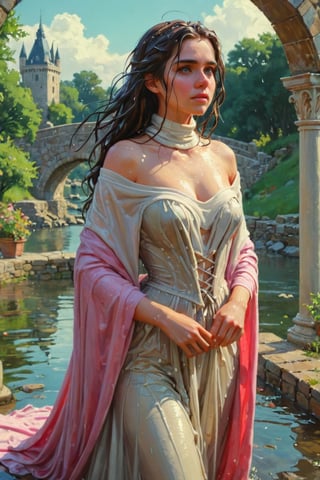 feforrest, otoko no ko, beret, pink capelet,(Analog style),turtleneck, masterpiece, best quality, ((wet robe)), choker,(corset), stone bridge, lake,crown, white ((wet ornate ballgown)), windswept amazing wet long hair,4k,( bokeh),absurdres, professional majestic oil painting by Ed Blinkey, Atey Ghailan, Studio Ghibli, by Jeremy Mann, Greg Manchess, Antonio Moro, trending on ArtStation, trending on CGSociety, trending on deviantart, Intricate, High Detail, Sharp focus, dramatic, photorealistic painting art , Greg Rutkowski,(concept art from tangled),((beautiful faces, soakingwetclothes, wet clothes, wet hair, wet skin, :1.3)),soakingwetclothes,, wet skin, wet face, wet robe,, face focused
,soakingwetclothes,art_booster,indian,OnlySaree_Style,saree,saree influencer