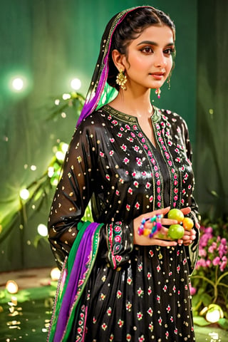 (best quality,8K,highres,masterpiece,raw image), ultra-detailed, featuring a beautiful young wet woman adorned in a realistic detailed wet designer  pakistani dress that emits a soft, ethereal light. Her flowy black chignon wet hair appears to be infused with the same radiant wet glow. eye contact,kind wet smile, lipgloss, The well lit backdrop consists of glowing grapes, colorful,colorful,soakingwetclothes,Pakistani dress