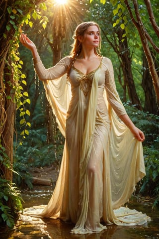 In a dappled, ancient forest ruin, an Elf Princess stands tall, her staff raised high as beams of warm sunlight filter through the trees, casting a golden halo around her regal figure. Her revealing, enchanted clothing shimmers in the soft light, while lush foliage and vines surround her, creating a lush environment. The camera captures a sharp focus on the princess's face, with the rule of thirds composition placing her at the intersection of two diagonals. Shot during the golden hour, the scene exudes an ethereal mood, inviting the viewer to step into this mystical realm., ,fantasy,better_hands,leonardo,angelawhite,Enhance (), ((wet clothes, victorian ballgown, ,((heavy rain, beautiful faces, soakingwetclothes, wet clothes, wet hair, wet skin, clothes cling to skin, drapped with wet shawl:1.3)),soakingwetclothes,, wet skin, wet face, wet robe,, face focused , soakingwetclothes,art_booster,indian,OnlySaree_Style,,hoopdress,Pakistani dress,saree,saree influencer,saree model