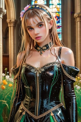 masterpiece, official art, ((ultra detailed)), (ultra quality), high quality, perfect face, 1 wet girl with long hair, blond-green wet hair with bangs, bronze eyes, detailed face, wearing a fancy ornate (((folk ballgown dress))), shoulder armor, armor, glove, hairband, hair accessories, striped, (wet clothes, wet hair, wet skin, holding the great weapon:1.37), jewelery, thighhighs, pauldrons, side slit, capelet, vertical stripes, looking at viewer, fantastical and ethereal scenery, daytime, church, grass, flowers. Intricate details, extremely detailed, incredible details, full colored, complex details, hyper maximalist, detailed decoration, detailed lines, best quality, HDR, dynamic lighting, perfect anatomy, realistic, more detail,
,Architectural100,style,soakingwetclothes