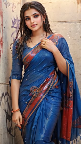 arafed woman in a colorful full sleeve wet saree, graffiti art, antique beautiful a women with madhubani painting, vector art, vibrant colour, beautiful face, good Anotomy,FFIXBG,High detailed ,Color magic, stone texture ,1girl, roujinzhi,Shion face,Saree, wet clothes, wet skin, wet hair, wet face, ,soakingwetclothes,OnlySaree_Style,indian,saree,saree influencer,saree model,realistic,ultra realistic,real face,beautiful