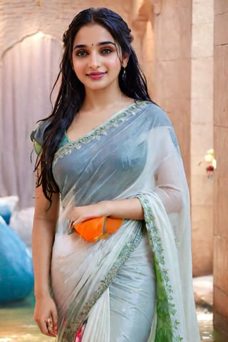 Tamanna bhatia, Beautiful women, face focused, a vibrant and sunny day in a city. A 19-year-old girl at the mall . She is wearing a traditional wet saree , Her long, dark, wet hair is adorned , and she has a gentle smile on her face, exuding confidence and grace., high quality, 8K Ultra HD, hyper-realistic, half body image

 wet clothes, wet clothes, wet skin, wet hair, ,soakingwetclothes,victorian dress,Pakistani dress,indian,saree,saree influencer,saree model