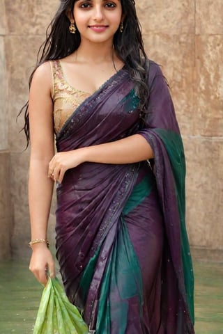 Beautiful women, face focused, a vibrant and sunny day in a city. A 19-year-old girl named Meera at the mall . She is wearing a traditional wet saree , Her long, dark, wet hair is adorned , and she has a gentle smile on her face, exuding confidence and grace., high quality, 8K Ultra HD, hyper-realistic, half body image

 wet clothes, wet clothes, wet skin, wet hair, ,soakingwetclothes,victorian dress,Pakistani dress,indian,saree