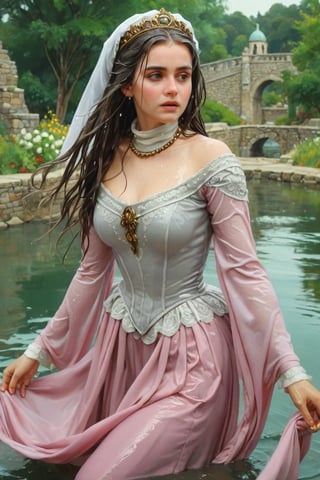 feforrest, otoko no ko, beret, pink capelet,(Analog style),turtleneck, masterpiece, best quality, ((wet robe)), choker,(corset), stone bridge, lake,crown, white ((wet ornate ballgown)), windswept amazing wet long hair,4k,( bokeh),absurdres, professional majestic oil painting by Ed Blinkey, Atey Ghailan, Studio Ghibli, by Jeremy Mann, Greg Manchess, Antonio Moro, trending on ArtStation, trending on CGSociety, trending on deviantart, Intricate, High Detail, Sharp focus, dramatic, photorealistic painting art , Greg Rutkowski,(concept art from tangled),((beautiful faces, soakingwetclothes, wet clothes, wet hair, wet skin, submerged in water,  :1.3)),soakingwetclothes,, wet skin, wet face, wet robe,, face focused
,soakingwetclothes,art_booster,indian,OnlySaree_Style,saree,saree influencer,hoopdress