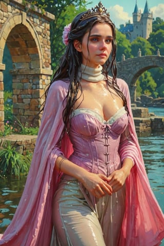 feforrest, otoko no ko, beret, pink capelet,(Analog style),turtleneck, masterpiece, best quality, ((wet robe)), choker,(corset), stone bridge, lake,crown, white ((wet ornate ballgown)), windswept amazing wet long hair,4k,( bokeh),absurdres, professional majestic oil painting by Ed Blinkey, Atey Ghailan, Studio Ghibli, by Jeremy Mann, Greg Manchess, Antonio Moro, trending on ArtStation, trending on CGSociety, trending on deviantart, Intricate, High Detail, Sharp focus, dramatic, photorealistic painting art , Greg Rutkowski,(concept art from tangled),((beautiful faces, soakingwetclothes, wet clothes, wet hair, wet skin, :1.3)),soakingwetclothes,, wet skin, wet face, wet robe,, face focused
,soakingwetclothes,art_booster,indian,OnlySaree_Style,saree,saree influencer