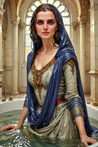 masterpiece, best quality, ultra high resolution, visually stunning, beautiful, award-winning art (abstract art: 1.3), beautiful )))A FULL-LENGTH very detalied full leghn , A anime a very beutifful female medieval warhammer style noble smile,, Watercolor, trending on artstation, sharp focus, Indoor photo, white tiles background, intricate details, highly detailed, by greg rutkowski ,more detail XL, shawl,   wet hair, (bathing in royal bathroom), ((wet clothes, victorian ballgown, ,((heavy rain, beautiful faces, soakingwetclothes, wet clothes, wet hair, wet skin, clothes cling to skin, submerged in tub:1.3)),soakingwetclothes,, wet skin, wet face, wet robe,, face focused , soakingwetclothes,art_booster,indian,OnlySaree_Style,,hoopdress,Pakistani dress,saree,saree influencer,saree model