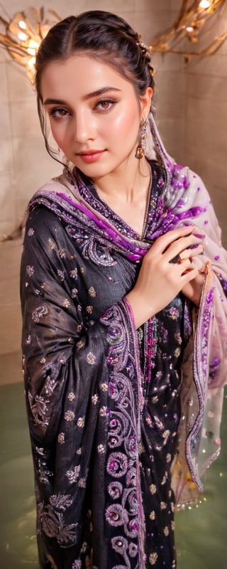 (best quality,8K,highres,masterpiece,raw image), ultra-detailed, featuring a beautiful young wet woman adorned in a realistic detailed wet long embroidery designer  dress shirts shawl that emits a soft, ethereal light. Her flowy black chignon wet hair appears to be infused with the same radiant wet glow. eye contact,kind wet smile, lipgloss, The well lit backdrop consists of glowing grapes, in water, colorful,colorful,soakingwetclothes,Pakistani dress