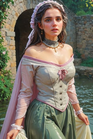 feforrest, otoko no ko, beret, pink capelet,(Analog style),turtleneck, masterpiece, best quality, ((wet robe)), choker,(corset), stone bridge, lake,crown, white ((wet ornate ballgown)), windswept amazing wet long hair,4k,( bokeh),absurdres, professional majestic oil painting by Ed Blinkey, Atey Ghailan, Studio Ghibli, by Jeremy Mann, Greg Manchess, Antonio Moro, trending on ArtStation, trending on CGSociety, trending on deviantart, Intricate, High Detail, Sharp focus, dramatic, photorealistic painting art , Greg Rutkowski,(concept art from tangled),((beautiful faces, soakingwetclothes, wet clothes, wet hair, wet skin, :1.3)),soakingwetclothes,, wet skin, wet face, wet robe,, face focused
,soakingwetclothes,art_booster,indian,OnlySaree_Style,saree,saree influencer,hoopdress