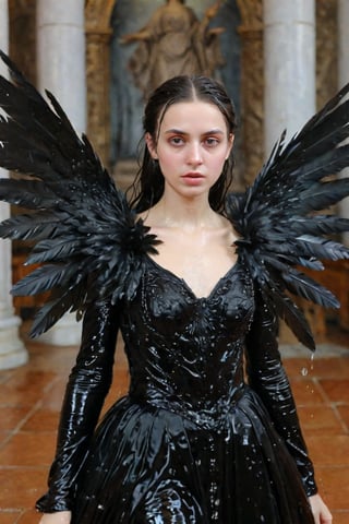 A girl wearing a long black wedding dress, church, baroque style, detailed feathers, huge wings, big scene, super realistic, soakingwetclothes, wet clothes, wet hair, wet skin, wet, soaked , wet face.face focused