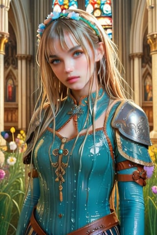 masterpiece, official art, ((ultra detailed)), (ultra quality), high quality, perfect face, 1 girl with long hair, blond-green hair with bangs, bronze eyes, detailed face, wearing a fancy ornate (((folk dress))), shoulder armor, armor, glove, hairband, hair accessories, striped, (wet clothes, wet hair, wet skin, holding the great weapon:1.37), jewelery, thighhighs, pauldrons, side slit, capelet, vertical stripes, looking at viewer, fantastical and ethereal scenery, daytime, church, grass, flowers. Intricate details, extremely detailed, incredible details, full colored, complex details, hyper maximalist, detailed decoration, detailed lines, best quality, HDR, dynamic lighting, perfect anatomy, realistic, more detail,
,Architectural100,style,soakingwetclothes