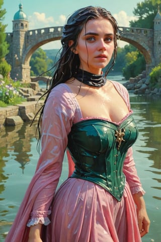 feforrest, otoko no ko, beret, pink capelet,(Analog style),turtleneck, masterpiece, best quality, ((wet robe)), choker,(corset), stone bridge, lake,crown, white ((wet ornate ballgown)), windswept amazing wet long hair,4k,( bokeh),absurdres, professional majestic oil painting by Ed Blinkey, Atey Ghailan, Studio Ghibli, by Jeremy Mann, Greg Manchess, Antonio Moro, trending on ArtStation, trending on CGSociety, trending on deviantart, Intricate, High Detail, Sharp focus, dramatic, photorealistic painting art , Greg Rutkowski,(concept art from tangled),((beautiful faces, soakingwetclothes, wet clothes, wet hair, wet skin, submerged in water,  :1.3)),soakingwetclothes,, wet skin, wet face, wet robe,, face focused
,soakingwetclothes,art_booster,indian,OnlySaree_Style,saree,saree influencer,hoopdress