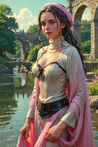 feforrest, otoko no ko, beret, pink capelet,(Analog style),turtleneck, masterpiece, best quality, ((wet robe)), choker,(corset), stone bridge, lake,crown, white ((wet ornate ballgown)), windswept amazing wet long hair,4k,( bokeh),absurdres, professional majestic oil painting by Ed Blinkey, Atey Ghailan, Studio Ghibli, by Jeremy Mann, Greg Manchess, Antonio Moro, trending on ArtStation, trending on CGSociety, trending on deviantart, Intricate, High Detail, Sharp focus, dramatic, photorealistic painting art , Greg Rutkowski,(concept art from tangled),((beautiful faces, soakingwetclothes, wet clothes, wet hair, wet skin, :1.3)),soakingwetclothes,, wet skin, wet face, wet robe,, face focused
,soakingwetclothes,art_booster,indian,OnlySaree_Style,saree,saree influencer