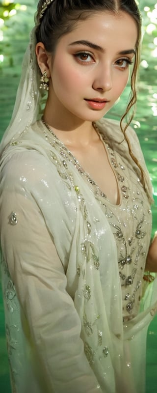 (best quality,8K,highres,masterpiece,raw image), ultra-detailed, featuring a beautiful young wet woman adorned in a realistic detailed wet long embroidery designer  dress shirts shawl that emits a soft, ethereal light. Her flowy black chignon wet hair appears to be infused with the same radiant wet glow. eye contact,kind wet smile, lipgloss, The well lit backdrop consists of glowing grapes, in water, colorful,colorful,soakingwetclothes,Pakistani dress