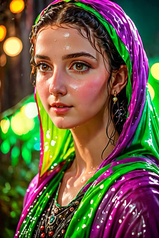 (best quality,8K,highres,masterpiece,raw image), An concept art of a ethereal wet gothic irish nun,, 50 mm lens, best quality, masterpiece, beautiful and aesthetic, 16K, (HDR:1.4), high contrast, bokeh:1.2, lens flare, (vibrant color:1.4), (muted colors, dim colors, soothing tones:0), cinematic lighting, ambient lighting, sidelighting, Exquisite details and textures, cinematic shot, Warm tone, (Bright and intense:1.2), wide shot, by playai, ultra realistic illustration, siena natural ratio, anime style, , ultra-detailed, featuring a beautiful young wet woman adorned in a realistic detailed wet designer  pakistani dress that emits a soft, ethereal light. Her flowy black chignon wet hair appears to be infused with the same radiant wet glow. eye contact,kind wet smile, lipgloss, The well lit backdrop consists of glowing grapes, colorful,colorful,soakingwetclothes,Pakistani dress