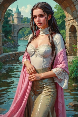 feforrest, otoko no ko, beret, pink capelet,(Analog style),turtleneck, masterpiece, best quality, ((robe)), choker,(corset), stone bridge, lake,crown, white ((ornate ballgown)), windswept amazing long hair,4k,( bokeh),absurdres, professional majestic oil painting by Ed Blinkey, Atey Ghailan, Studio Ghibli, by Jeremy Mann, Greg Manchess, Antonio Moro, trending on ArtStation, trending on CGSociety, trending on deviantart, Intricate, High Detail, Sharp focus, dramatic, photorealistic painting art , Greg Rutkowski,(concept art from tangled),((beautiful faces, soakingwetclothes, wet clothes, wet hair, wet skin, :1.3)),soakingwetclothes,, wet skin, wet face, wet ballgown, boots, wet robe, layered longskirt, face focused
,soakingwetclothes,art_booster,indian,OnlySaree_Style,saree,saree influencer