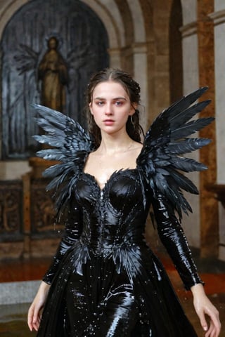 A girl wearing a long black wedding dress, church, baroque style, detailed feathers, huge wings, big scene, super realistic, soakingwetclothes, wet clothes, wet hair, wet skin, wet, soaked , wet face.face focused