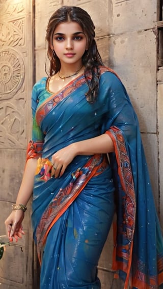 arafed woman in a colorful full sleeve wet saree, graffiti art, antique beautiful a women with madhubani painting, vector art, vibrant colour, beautiful face, good Anotomy,FFIXBG,High detailed ,Color magic, stone texture ,1girl, roujinzhi,Shion face,Saree, wet clothes, wet skin, wet hair, wet face, ,soakingwetclothes,OnlySaree_Style,indian,saree,saree influencer,saree model,realistic,ultra realistic,real face,beautiful