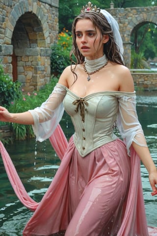 feforrest, otoko no ko, beret, pink capelet,(Analog style),turtleneck, masterpiece, best quality, ((wet robe)), choker,(corset), stone bridge, lake,crown, white ((wet ornate ballgown)), windswept amazing wet long hair,4k,( bokeh),absurdres, professional majestic oil painting by Ed Blinkey, Atey Ghailan, Studio Ghibli, by Jeremy Mann, Greg Manchess, Antonio Moro, trending on ArtStation, trending on CGSociety, trending on deviantart, Intricate, High Detail, Sharp focus, dramatic, photorealistic painting art , Greg Rutkowski,(concept art from tangled),((beautiful faces, soakingwetclothes, wet clothes, wet hair, wet skin, submerged in water,  :1.3)),soakingwetclothes,, wet skin, wet face, wet robe,, face focused
,soakingwetclothes,art_booster,indian,OnlySaree_Style,saree,saree influencer,hoopdress