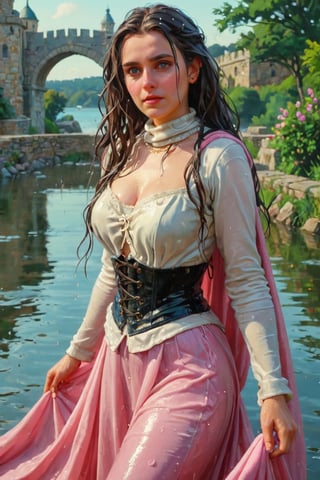 feforrest, otoko no ko, beret, pink capelet,(Analog style),turtleneck, masterpiece, best quality, ((wet robe)), choker,(corset), stone bridge, lake,crown, white ((wet ornate ballgown)), windswept amazing wet long hair,4k,( bokeh),absurdres, professional majestic oil painting by Ed Blinkey, Atey Ghailan, Studio Ghibli, by Jeremy Mann, Greg Manchess, Antonio Moro, trending on ArtStation, trending on CGSociety, trending on deviantart, Intricate, High Detail, Sharp focus, dramatic, photorealistic painting art , Greg Rutkowski,(concept art from tangled),((beautiful faces, soakingwetclothes, wet clothes, wet hair, wet skin, :1.3)),soakingwetclothes,, wet skin, wet face, wet ballgown, boots, wet robe, layered longskirt, face focused
,soakingwetclothes,art_booster,indian,OnlySaree_Style,saree,saree influencer