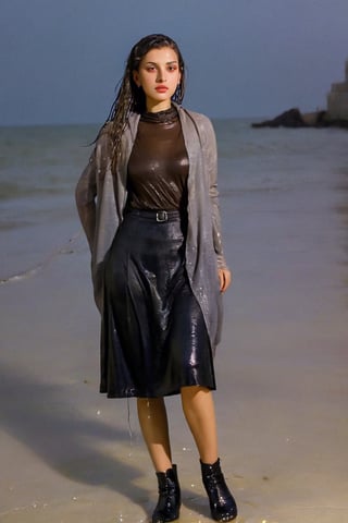 xxmixgirl, 1 woman, detailed face, detailed background, standing on the beach, completely wet, wet hair, dramatic lighting by Bill Sienkiewicz, 1940s tight fitting summer longskirt, wool pantyhose, furcoat, boots, wet clothes, heavy rain,tiedbreastsblue, wet clothes, wet hair, wet , ,Pakistani dress