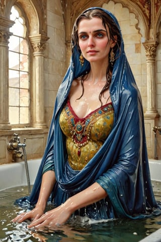 masterpiece, best quality, ultra high resolution, visually stunning, beautiful, award-winning art (abstract art: 1.3), beautiful )))A FULL-LENGTH very detalied full leghn , A anime a very beutifful female medieval warhammer style noble smile,, Watercolor, trending on artstation, sharp focus, Indoor photo, white tiles background, intricate details, highly detailed, by greg rutkowski ,more detail XL, shawl,   wet hair, (bathing in royal bathroom), ((wet clothes, victorian ballgown, ,((heavy rain, beautiful faces, soakingwetclothes, wet clothes, wet hair, wet skin, clothes cling to skin, submerged in tub:1.3)),soakingwetclothes,, wet skin, wet face, wet robe,, face focused , soakingwetclothes,art_booster,indian,OnlySaree_Style,,hoopdress,Pakistani dress,saree,saree influencer,saree model