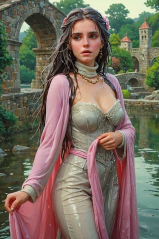 feforrest, otoko no ko, beret, pink capelet,(Analog style),turtleneck, masterpiece, best quality, ((wet robe)), choker,(corset), stone bridge, lake,crown, white ((wet ornate ballgown)), windswept amazing wet long hair,4k,( bokeh),absurdres, professional majestic oil painting by Ed Blinkey, Atey Ghailan, Studio Ghibli, by Jeremy Mann, Greg Manchess, Antonio Moro, trending on ArtStation, trending on CGSociety, trending on deviantart, Intricate, High Detail, Sharp focus, dramatic, photorealistic painting art , Greg Rutkowski,(concept art from tangled),((beautiful faces, soakingwetclothes, wet clothes, wet hair, wet skin, :1.3)),soakingwetclothes,, wet skin, wet face, wet robe,, face focused
,soakingwetclothes,art_booster,indian,OnlySaree_Style,saree,saree influencer