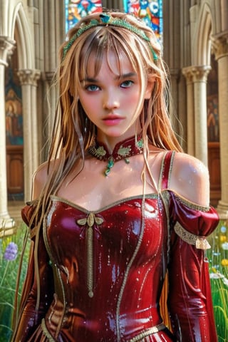 masterpiece, official art, ((ultra detailed)), (ultra quality), high quality, perfect face, 1 wet girl with long hair, blond-green wet hair with bangs, bronze eyes, detailed face, wearing a fancy ornate (((folk ballgown dress))), shoulder armor, febric armor, glove, hairband, hair accessories, striped, (wet clothes, wet hair, wet skin, holding the great weapon:1.37), jewelery, thighhighs, pauldrons, side slit, capelet, vertical stripes, looking at viewer, fantastical and ethereal scenery, daytime, church, grass, flowers. Intricate details, extremely detailed, incredible details, full colored, complex details, hyper maximalist, detailed decoration, detailed lines, best quality, HDR, dynamic lighting, perfect anatomy, realistic, more detail,
,Architectural100,style,soakingwetclothes