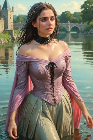 feforrest, otoko no ko, beret, pink capelet,(Analog style),turtleneck, masterpiece, best quality, ((wet robe)), choker,(corset), stone bridge, lake,crown, white ((wet ornate ballgown)), windswept amazing wet long hair,4k,( bokeh),absurdres, professional majestic oil painting by Ed Blinkey, Atey Ghailan, Studio Ghibli, by Jeremy Mann, Greg Manchess, Antonio Moro, trending on ArtStation, trending on CGSociety, trending on deviantart, Intricate, High Detail, Sharp focus, dramatic, photorealistic painting art , Greg Rutkowski,(concept art from tangled),((beautiful faces, soakingwetclothes, wet clothes, wet hair, wet skin, submerged in water,  :1.3)),soakingwetclothes,, wet skin, wet face, wet robe,, face focused
,soakingwetclothes,art_booster,indian,OnlySaree_Style,saree,saree influencer,hoopdress