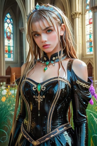 masterpiece, official art, ((ultra detailed)), (ultra quality), high quality, perfect face, 1 girl with long hair, blond-green hair with bangs, bronze eyes, detailed face, wearing a fancy ornate (((folk ballgown dress))), shoulder armor, armor, glove, hairband, hair accessories, striped, (wet clothes, wet hair, wet skin, holding the great weapon:1.37), jewelery, thighhighs, pauldrons, side slit, capelet, vertical stripes, looking at viewer, fantastical and ethereal scenery, daytime, church, grass, flowers. Intricate details, extremely detailed, incredible details, full colored, complex details, hyper maximalist, detailed decoration, detailed lines, best quality, HDR, dynamic lighting, perfect anatomy, realistic, more detail,
,Architectural100,style,soakingwetclothes