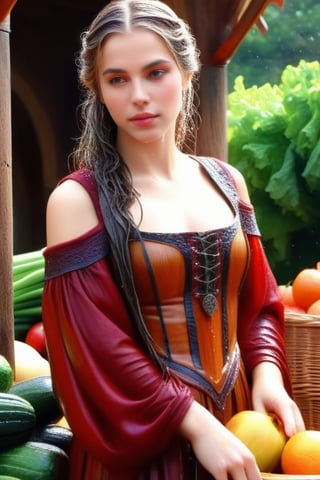 masterpiece, official art, ((ultra detailed)), (ultra quality), high quality, perfect wet face, A wet medieval girl in traditional wet dress, vegetables and fruits, at a farmer's market, mysterious medieval, masterpiece,High detailed,CrclWc,Detail,Half-timbered Construction,INK art,, (wet clothes, wet hair, wet skin,:1.37),. Intricate details, extremely detailed, incredible details, full colored, complex details, hyper maximalist, detailed decoration, detailed lines, best quality, HDR, dynamic lighting, perfect anatomy, realistic, more detail,
,Architectural100,style,soakingwetclothes