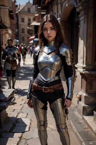 (full_body shot:1.4), age 20, photo of a beautiful woman, perfect fingers, subsurface scattering, detailed skin texture, textured skin, realistic dull skin noise, visible skin detail, skin fuzz, dry skin, exposed_face, (petite, photorealistic, photorealism:1.3), BREAK wearing full reddish armor, pauldrons, breastplate, buster sword, BREAK (upper_body frame:1.3), dynamic_pose, main hall, soft bounced lighting, rule_of_thirds, medieval armor,photo of perfecteyes eyes,perfecteyes eyes,oil painting,medieval-armor-girl,armor