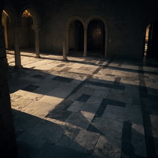 Royal castle courtyard, fantasy, photo,  dark theme, soothing tones, muted colors, high contrast, 8th century