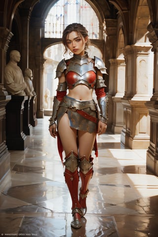 (full_body shot:1.4), age 20, photo of a beautiful woman, perfect fingers, subsurface scattering, detailed skin texture, textured skin, realistic dull skin noise, visible skin detail, skin fuzz, dry skin, exposed_face, (petite, photorealistic, photorealism:1.3), BREAK wearing full reddish armor, pauldrons, breastplate, buster sword, BREAK (upper_body frame:1.3), dynamic_pose, main hall, soft bounced lighting, rule_of_thirds, medieval armor,photo of perfecteyes eyes,perfecteyes eyes,oil painting