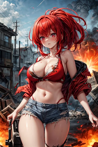 a girl with fiery red hair runs away from a huge explosion. Her determined look and tattered clothes are in stark contrast to the destruction and chaos that surrounds her. (masterpiece,best quality,super detailed,high quality) resolution,highly detailed,textured skin,akemi,hot sexy standing straight in a tpose