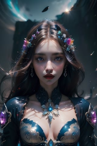 extremely detailed illustration of gorgeous woman wearing haute couture, stylish, backlit, highly illuminated, colorful crystal, awesome hair, closeup, visually rich, raytraced, manga, whimsical, JRPG, enchanting, emotionally evocative, detailed environment, fantastical, imaginative, visually rich, atmospheric, zoomed, flat lighting, 2d, cartoon, vector, rocks, art by MSchiffer,High detailed 