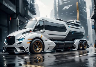 Futuristic truck, sci-fi design high, tech look,  aerodynamic, wide tyres, chromium plated rims, hyper-realistic, highly detailed machine Parts,DonMC3l3st14l3xpl0r3rsXL,stealthtech ,cyber_tech ,ftspcft