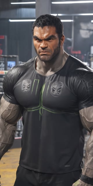Hammers
Age - 26
Hulk-like body, 6.6 feet tall, very muscular body, DARBODMODTAT, box face, angry eyes,  chiselled face, a huge man with a black leather tight full sleeve top